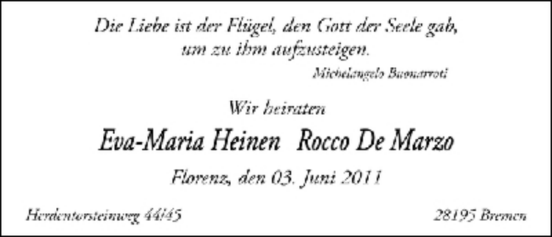 Hochzeitsanzeige von Eva-Maria Heinen von WESER-KURIER