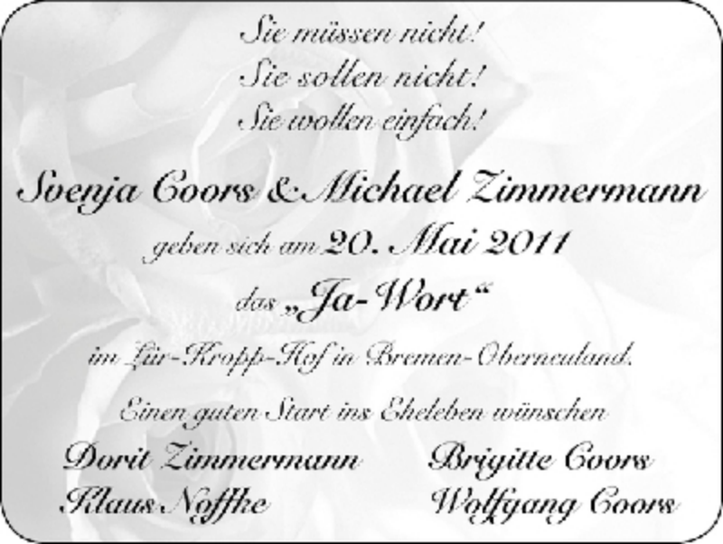 Hochzeitsanzeige von Svenja Coors von WESER-KURIER