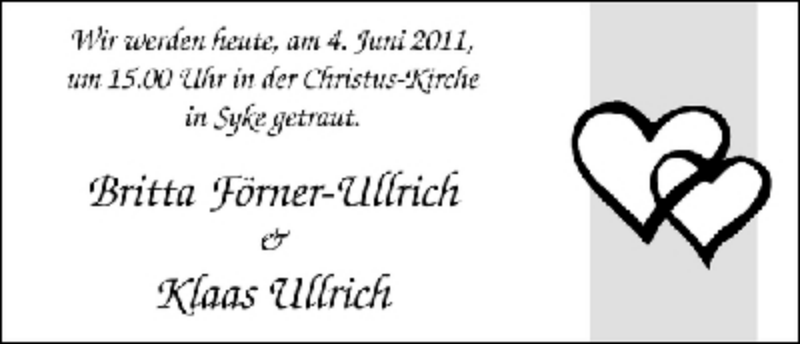 Hochzeitsanzeige von Britta Förner-Ullrich von WESER-KURIER