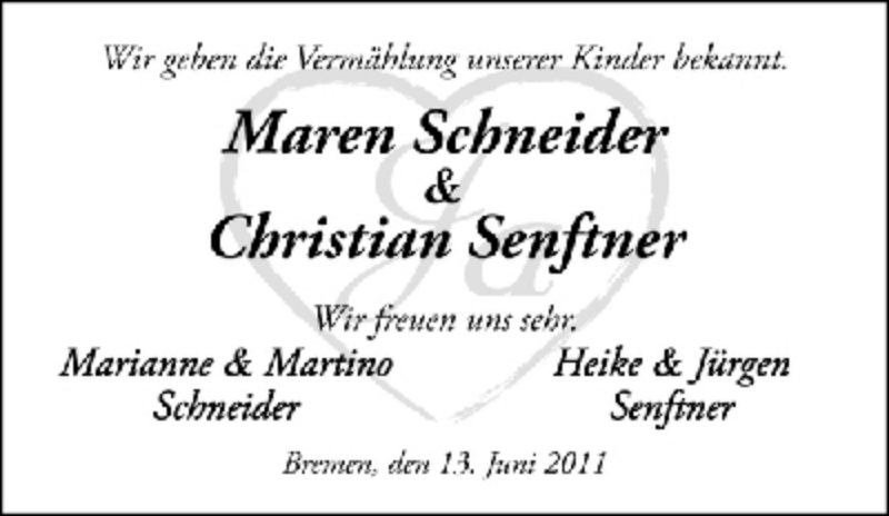 Hochzeitsanzeige von Maren Schneider von WESER-KURIER