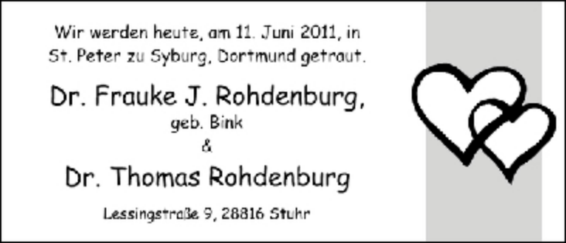 Hochzeitsanzeige von Frauke Rohdenburg von WESER-KURIER