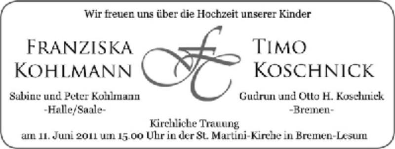 Hochzeitsanzeige von Franziska Kohlmann von WESER-KURIER