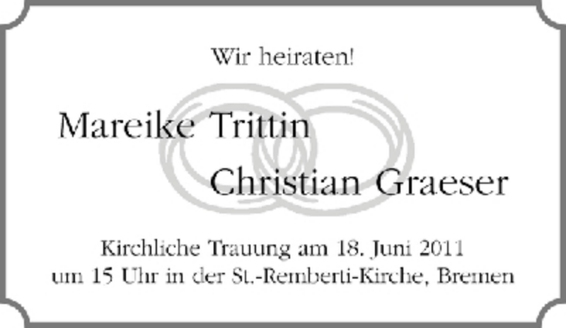 Hochzeitsanzeige von Mareike Trittin von WESER-KURIER