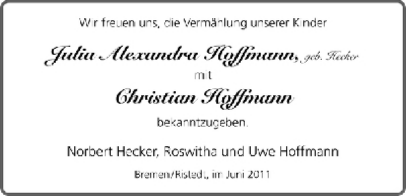Hochzeitsanzeige von Julia Alexandra Hoffmann von WESER-KURIER