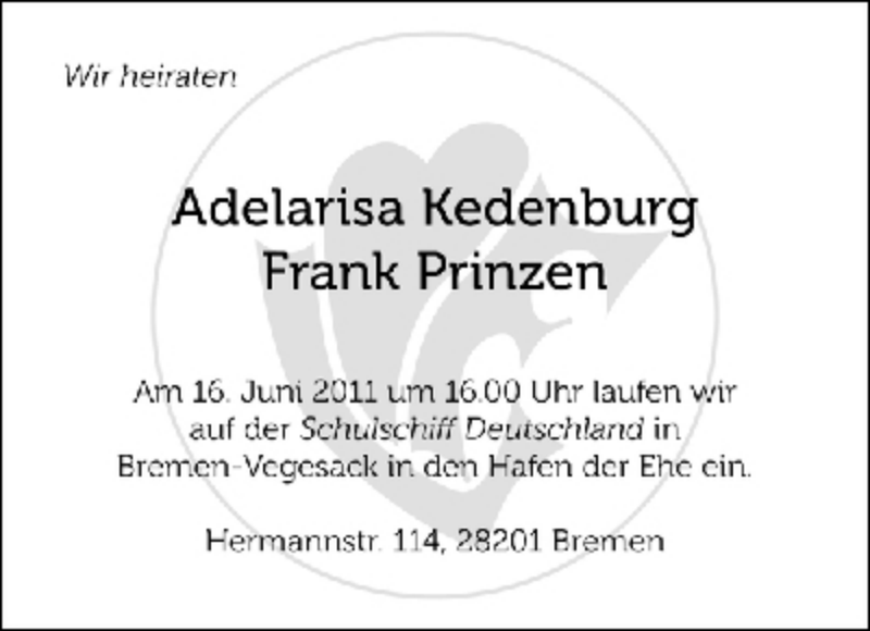 Hochzeitsanzeige von Adelarisa Kedenburg von WESER-KURIER