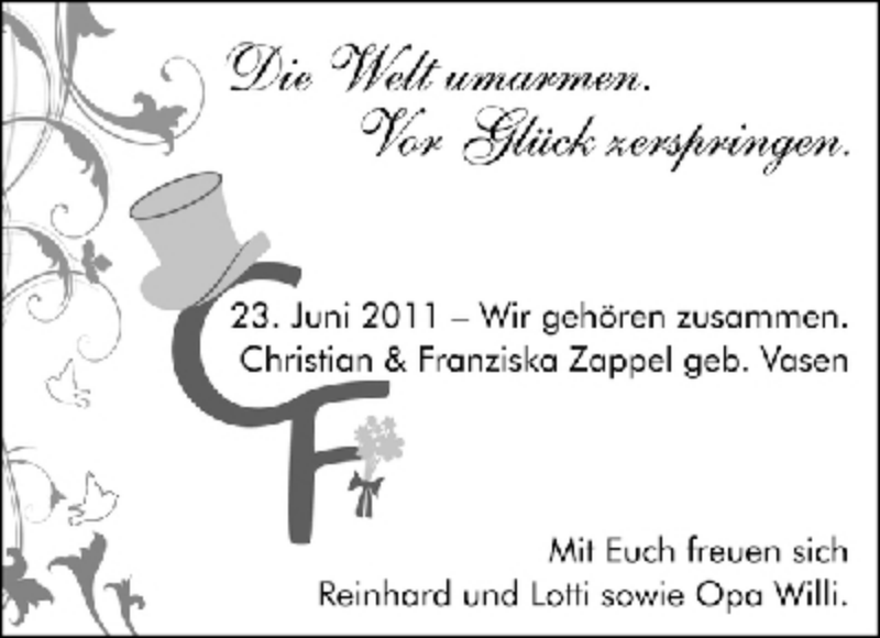 Hochzeitsanzeige von Franziska Zappel von WESER-KURIER