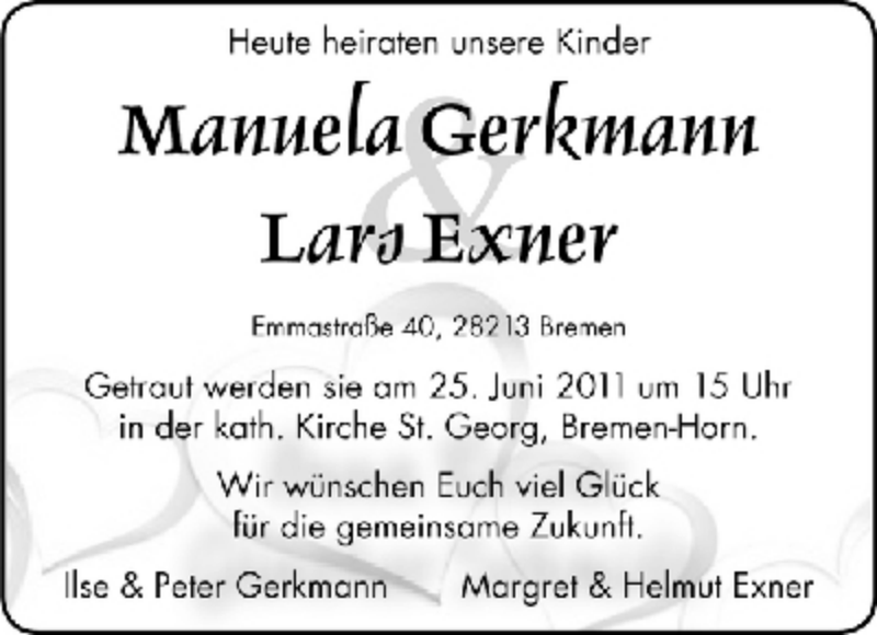 Hochzeitsanzeige von Manuela Gerkmann von WESER-KURIER