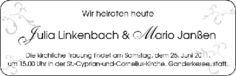 Hochzeitsanzeige von Julia Linkenbach von WESER-KURIER