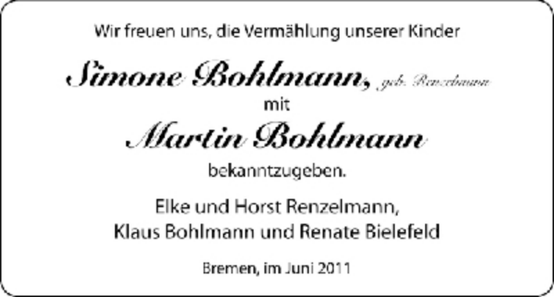 Hochzeitsanzeige von Simone Bohlmann von WESER-KURIER