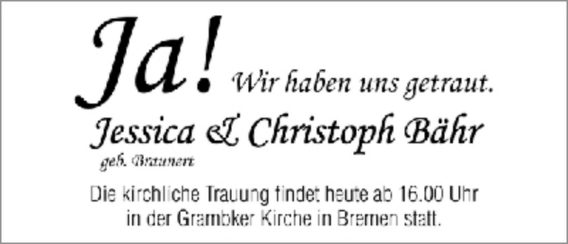 Hochzeitsanzeige von Jessica Bähr von WESER-KURIER