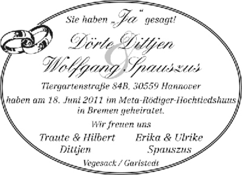 Hochzeitsanzeige von Dörte Dittjen von WESER-KURIER