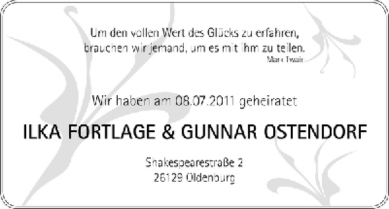 Hochzeitsanzeige von Ilka Fortlage von WESER-KURIER