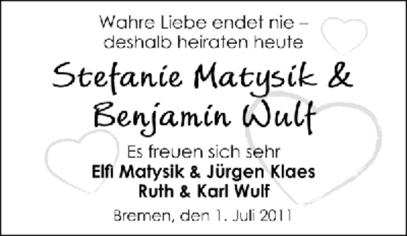 Hochzeitsanzeige von Stefanie Matysik von WESER-KURIER