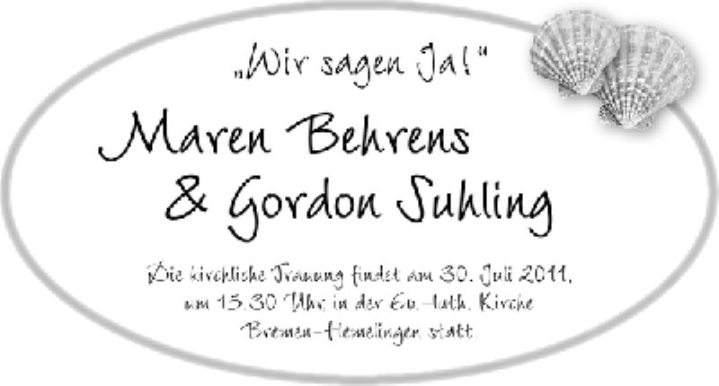 Hochzeitsanzeige von Maren Behrens von WESER-KURIER