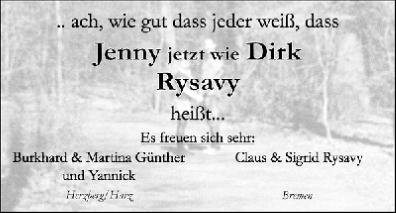 Hochzeitsanzeige von Jenny Rysavy von WESER-KURIER