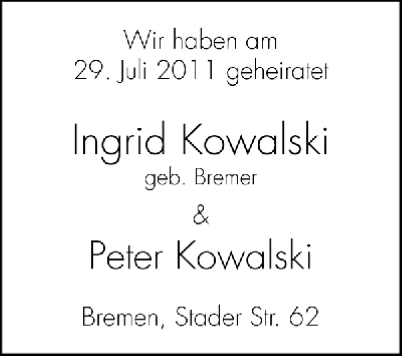 Hochzeitsanzeige von Ingrid Kowalski von WESER-KURIER