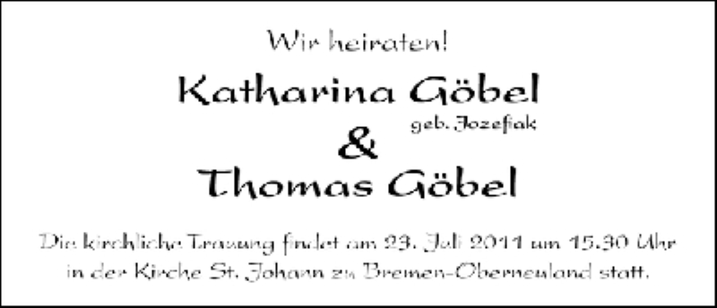 Hochzeitsanzeige von Katharina Göbel von WESER-KURIER