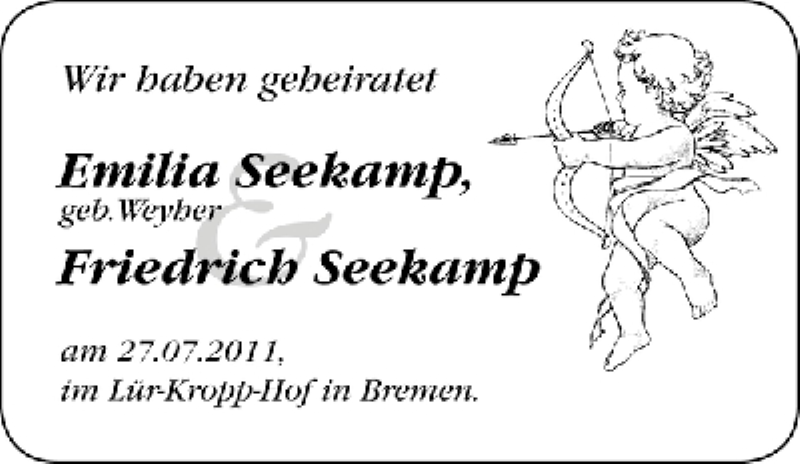 Hochzeitsanzeige von Emilia Seekamp von WESER-KURIER