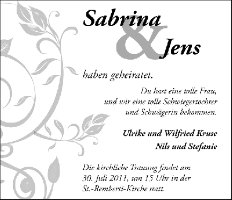 Hochzeitsanzeige von Sabrina  von WESER-KURIER