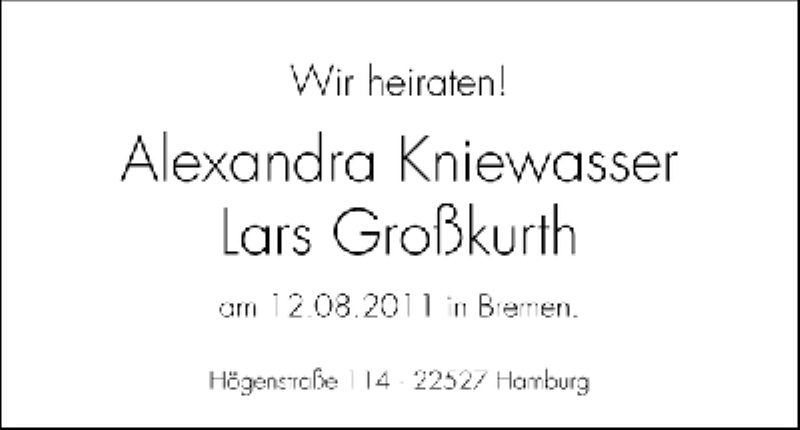 Hochzeitsanzeige von Alexandra Kniewasser von WESER-KURIER