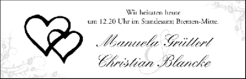 Hochzeitsanzeige von Manuela Grüttert von WESER-KURIER