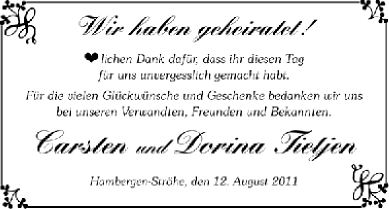 Hochzeitsanzeige von Dorina Tietjen von WESER-KURIER