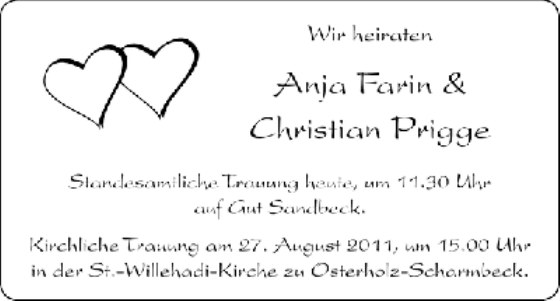 Hochzeitsanzeige von Anja Farin von WESER-KURIER
