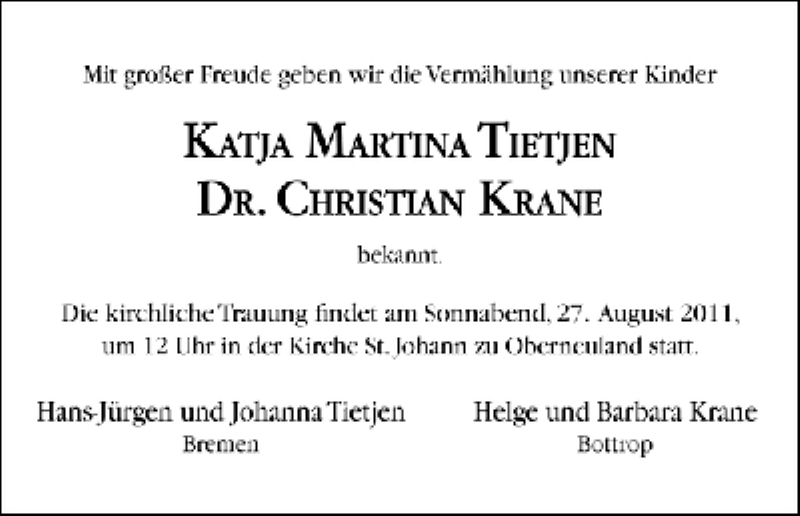 Hochzeitsanzeige von Katja Martina Tietjen von WESER-KURIER