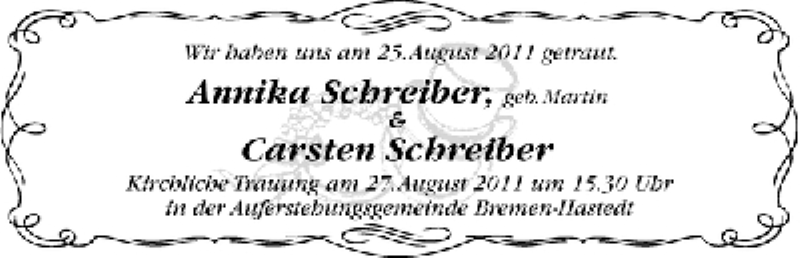 Hochzeitsanzeige von Annika Schreiber von WESER-KURIER