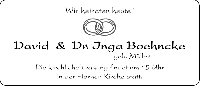 Hochzeitsanzeige von Inga Boehncke von WESER-KURIER