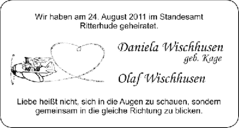 Hochzeitsanzeige von Daniela Wischhusen von WESER-KURIER