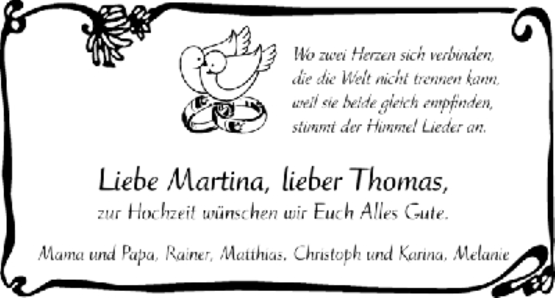 Hochzeitsanzeige von Martina  von WESER-KURIER