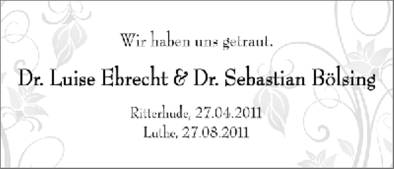 Hochzeitsanzeige von Luise Ebrecht von WESER-KURIER