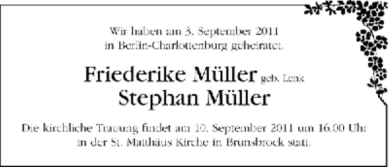 Hochzeitsanzeige von Friederike Müller von WESER-KURIER