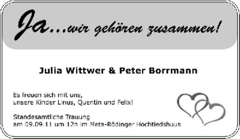 Hochzeitsanzeige von Julia Wittwer von WESER-KURIER