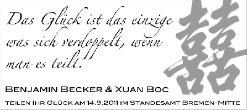 Hochzeitsanzeige von Xuan Boc von WESER-KURIER