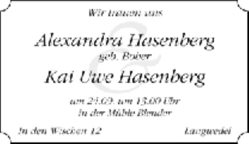 Hochzeitsanzeige von Alexandra Hasenberg von WESER-KURIER