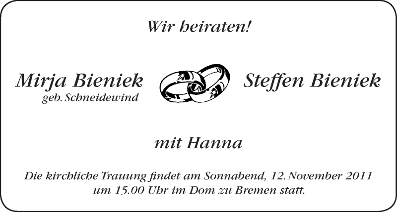Hochzeitsanzeige von Mirja Bieniek von WESER-KURIER
