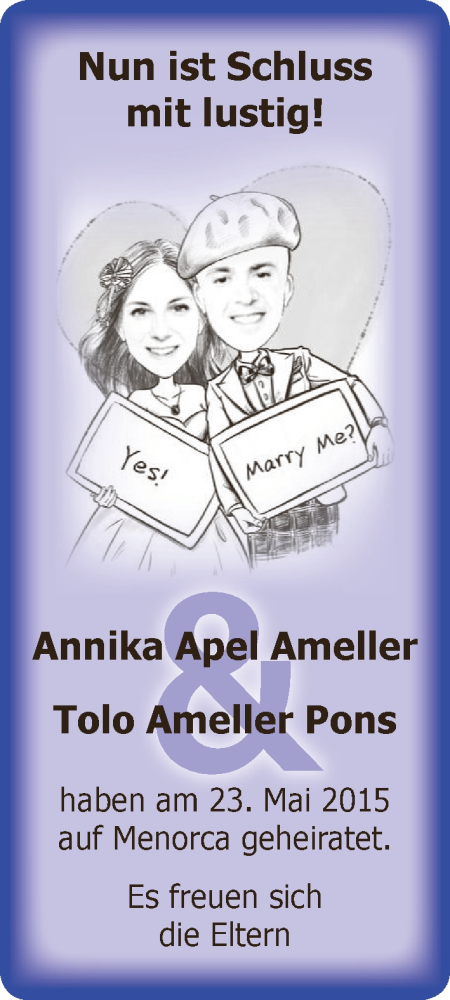 Hochzeitsanzeige von Annika Apel Ameller von WESER-KURIER
