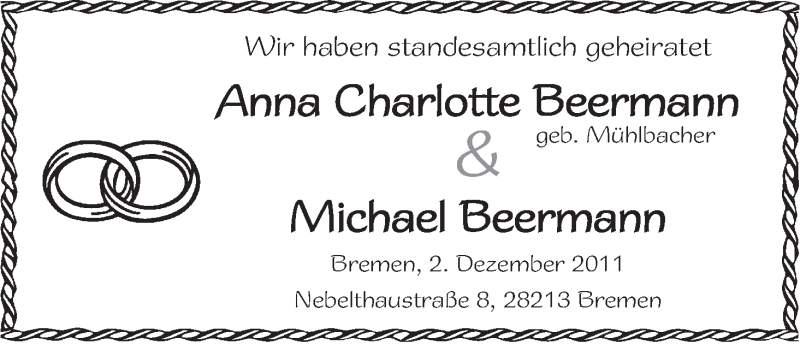 Hochzeitsanzeige von Anna Charlotte Beermann von WESER-KURIER