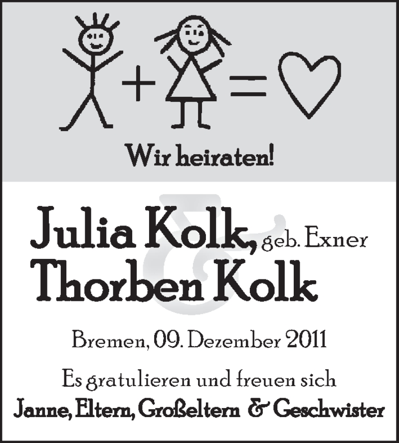 Hochzeitsanzeige von Julia Kolk von WESER-KURIER