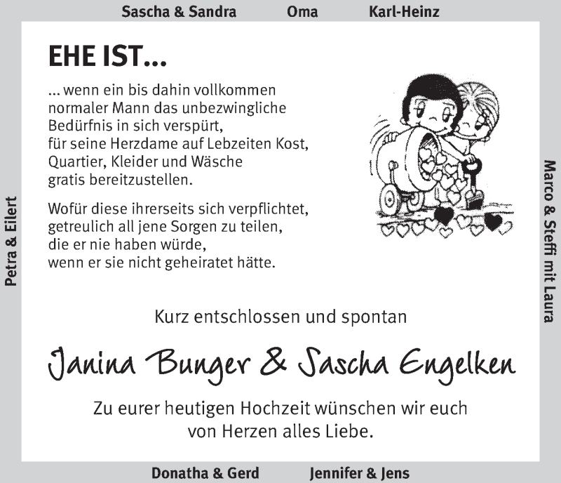 Hochzeitsanzeige von Janina Bunger von WESER-KURIER