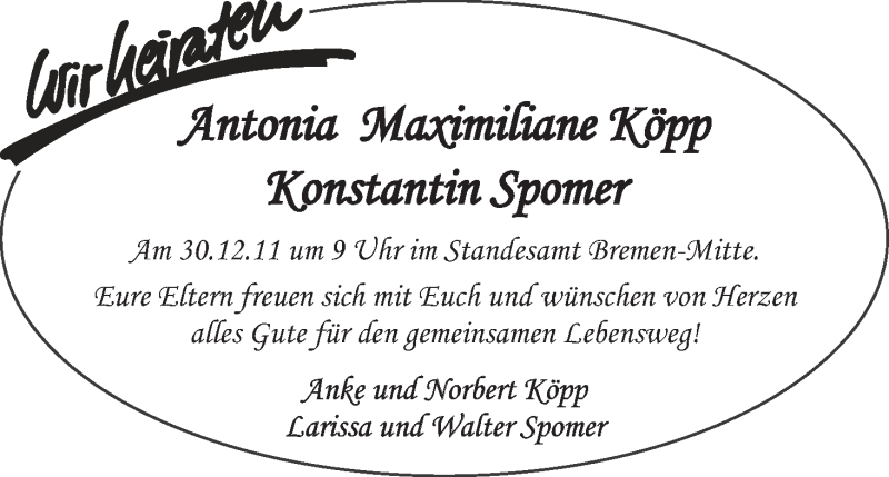 Hochzeitsanzeige von Antonia Maximiliane Köpp von WESER-KURIER