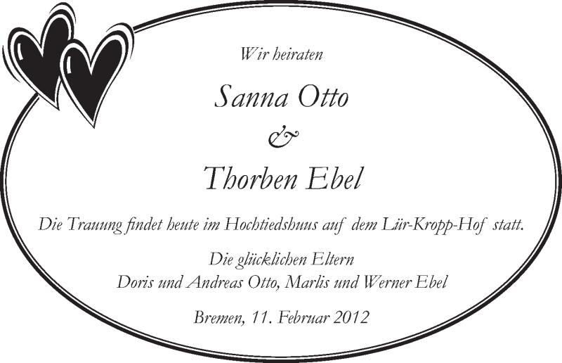 Hochzeitsanzeige von Sanna Otto von WESER-KURIER