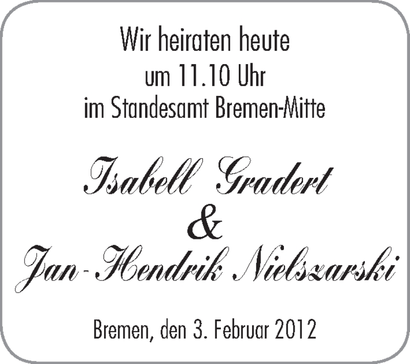 Hochzeitsanzeige von Isabell Gradert von WESER-KURIER