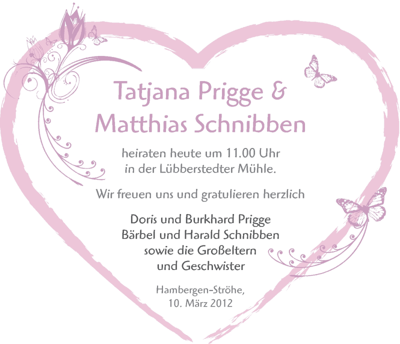 Hochzeitsanzeige von Tatjana Prigge von WESER-KURIER