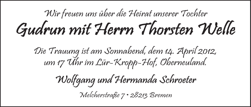 Hochzeitsanzeige von Gudrun Schroeter von WESER-KURIER