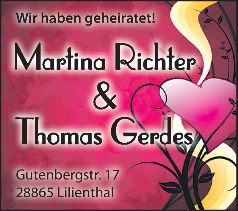 Hochzeitsanzeige von Martina Richter von WESER-KURIER
