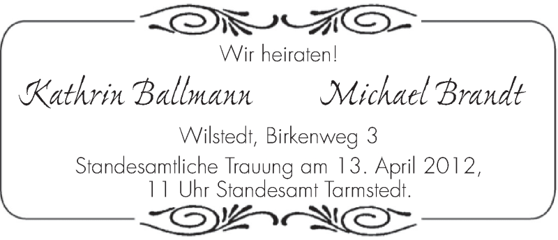 Hochzeitsanzeige von Kathrin Ballmann von WESER-KURIER