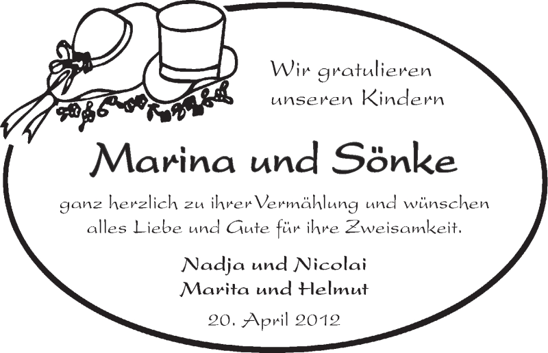 Hochzeitsanzeige von Marina  von WESER-KURIER